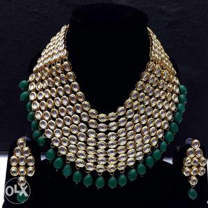 Gold And Green Beaded Necklace And Earrings