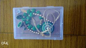 Green Beaded Necklace And Jhumka Earrings