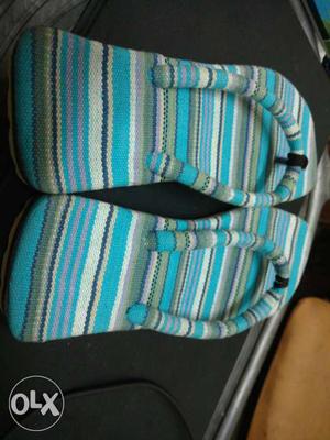 Knitted Teal-green-white Flip-flops