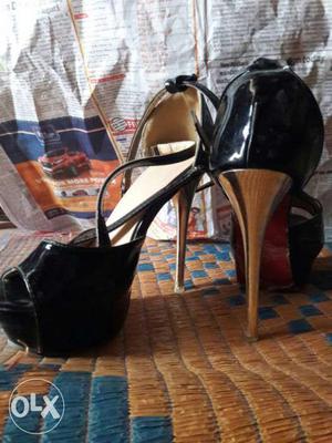 Pair Of Black Patent Leather Peep-toe Ankle Strap Platform