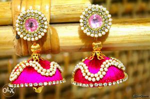 Pair Of Embellish Rhinestone Pink-and-gold Jhumka Earrings