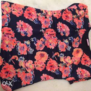 Pink, Black, And Blue Floral Crew-neck Cap-sleeve Shirt