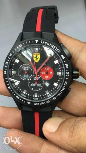 Round Black And Red Ferrari Chronograph Watch