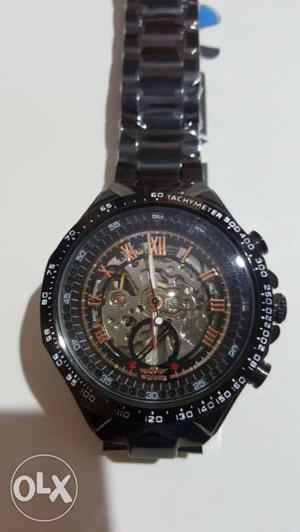 Round Black Skeleton Watch With Links