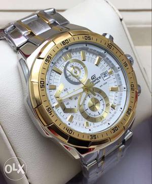 Round Gold And Silver Chronograph Watch With Link Band