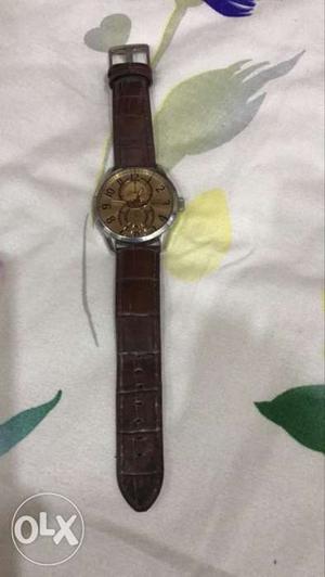 Round Silver And Gold Chronograph Watch With Brown Leather