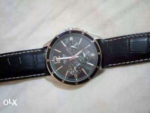 Round Silver Case Casio Chronograph Watch With Black Leather