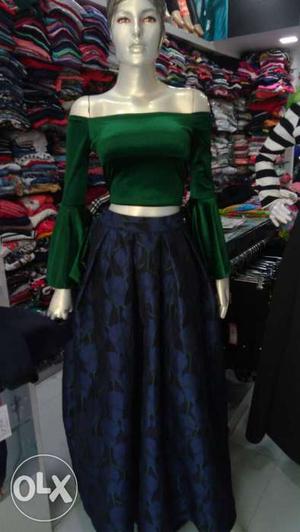 Women's Green Long Sleeve Top And Blue Skirt