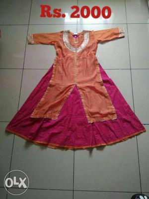 Women's Orange And Pink Long-sleeve Traditional Dress