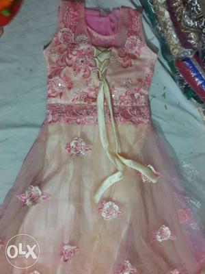 Women's Pink And Beige Floral Sleeveless Dress