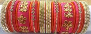 Women's Pink And Brown Silk Thread Bangles