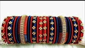 Women's Red And Blue Silk Thread Bangle Bracelets Lot