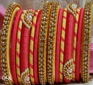 Women's Yellow And Red Beaded Bangles
