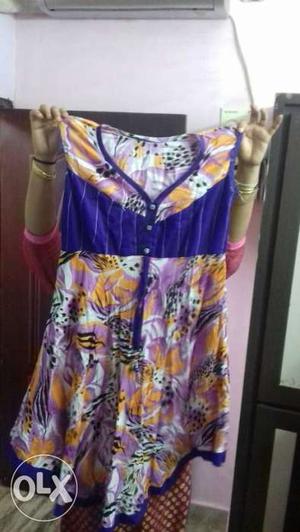 Blue, Purple, And Yellow Floral V-neck Cap-sleeved Dress