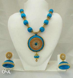 Blue necklace with jhumka set