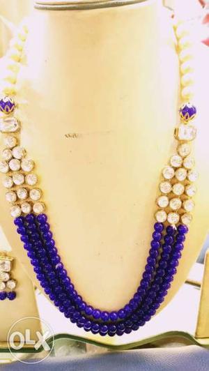 Diamond And Blue Beaded Cluster Necklace