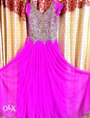 Dress Floor Length - Pink Floral V-neck, Marriage And Party