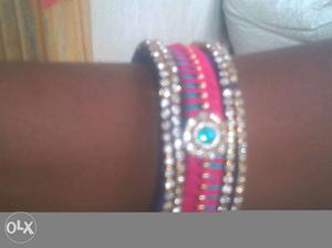 Embellished Rhinestone Pink And Blue Silk Bangle