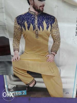 Men's Gold-colored And Blue Sherwani