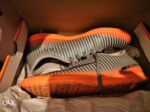 Pair Of Orange-and-grey Nike Mercurial Shoes With Box