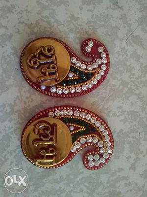 Pair Of Red, Gold And White Paisley Decor