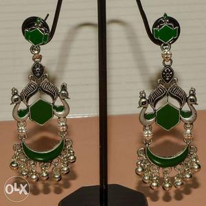Pair Of Silver And Green Drop Earrings