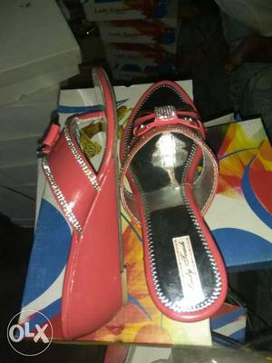 Pair Of Women's Red Wedge Sandals