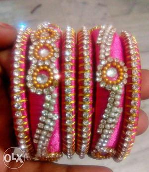 Pink And White Beeaded And Silk Bangles