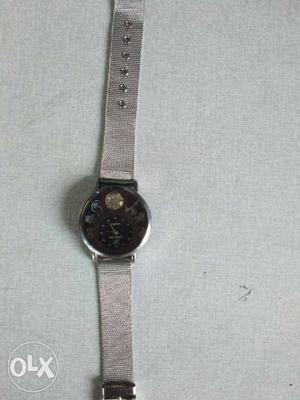 Round Silver Chronograph Watch With Beige Rubber Band