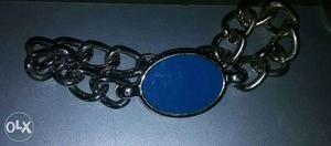 Silver Chain Bracelet With Blue Cabochon Gemstone Pendant