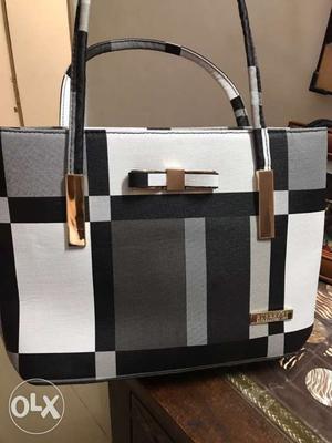 White And Black Leather Tote Bag