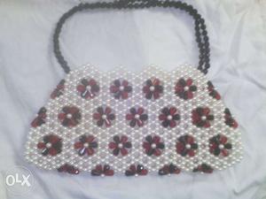 White And Red Floral Beaded purse