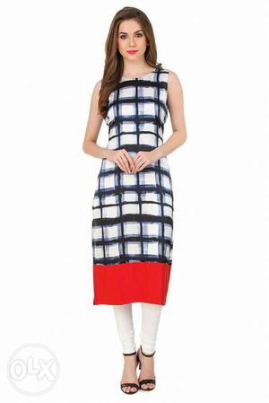 Women's White And Red Sleeveless Mididress