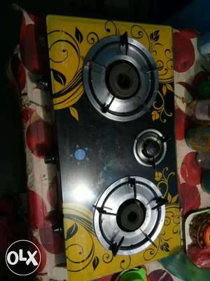 Yellow And Black Floral 3-burner Gas Stove