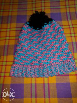 Pink And Blue Knitted Bobble Cap
