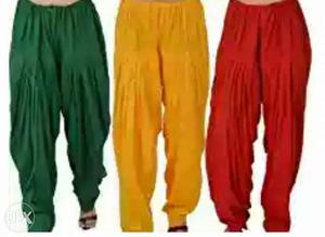 Three Yellow, Red, And Green Pants