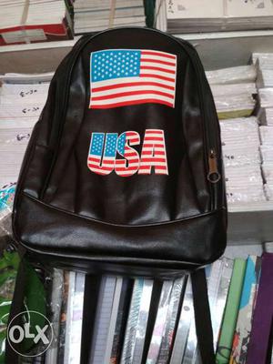 Black U.S.A Flag Print Leather Backpack