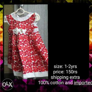 Girl's Red And White Floral Scoop Neck Dress..