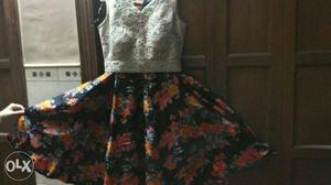 Gray Floral Sleeveless Top With Floral Skirt