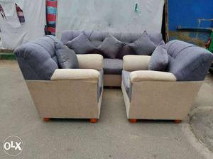 Grey And Blue Fabric 3-piece Sofa Set With Throw Pillows