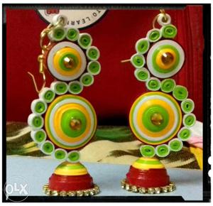 Pair Of Green Yellow And Red Earrings