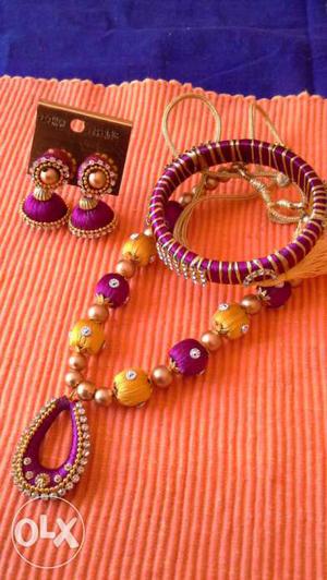 Pair Of Purple-and-yellow Jhumka And Bangle Bracelets