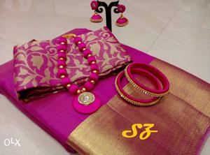 Pink And White Floral Sari And Scarf Set