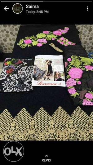 Pink, Green And Black Floral Printed Textile