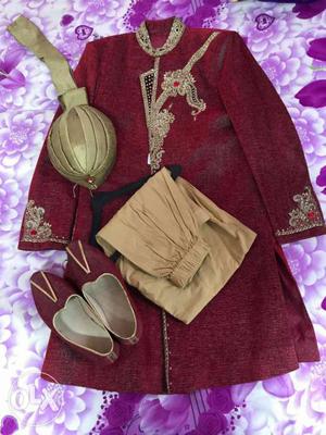 Red And Gold Sherwani Set