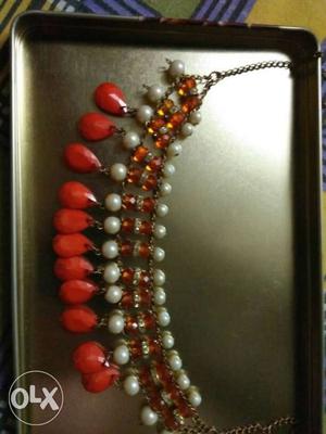 Red And White Beaded Bib Necklace
