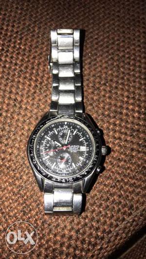 Round Black Casio Chronograph Watch With Link Bracelet