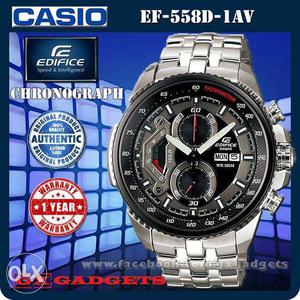 Round Black Casio Chronograph Watch With Silver Link Strap