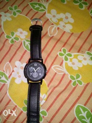 Round Black Chronograph Watch With Leather Band