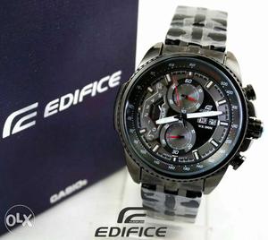 Round Black Edifice Chronograph Watch With Black Link Band